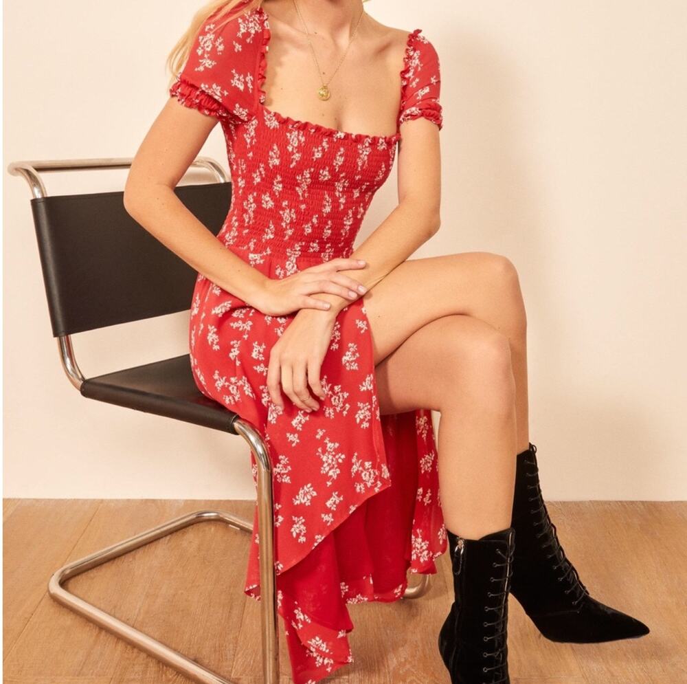 NWT Reformation Inka Midi Dress Red Floral Smocked Cottagecore Puff Sleeve Med